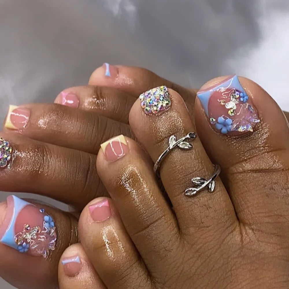 French Tip Pedi Extensions w/Butterflies and Flower Charms